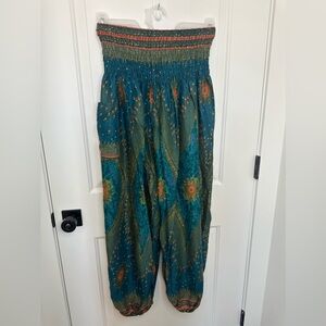 Women's Teal Blue BanjaMath Hippie Yoga Cuffed Loose High Waisted Pants, Size L